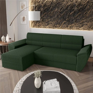 Narożnik z funkcją spania Fogu II zielony lewostronny stylowy narożnik z komfortowymi podłokietnikami i pojemnikiem na pościel