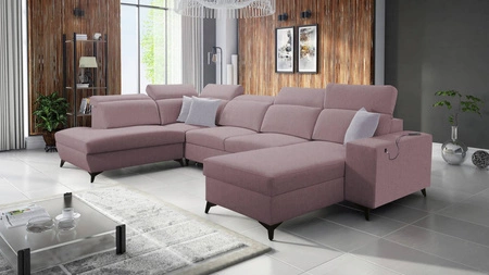 Narożnik z funkcją spania Kelly Sleek VI lawendowy róż prawostronny nowoczesny design narożnik do salonu z regulowanymi zagłówkami