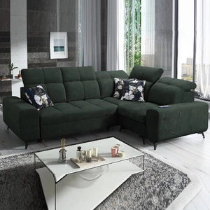 Narożnik z funkcją spania Buffalo II zielony prawostronny funkcjonalny i stylowy narożnik rozkładany z regulowanymi zagłówkami