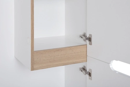 Słupek łazienkowy Bali 60 cm biały połysk / dąb wotan pojemna szafka stojąca ze schowkiem na m i półkami frezowane uchwytyopa