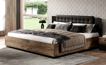 Łóżko Sigma 140x200 cm dąb flagstaff / czarny z srebrną wstawką łóżko z pojemnikiem do sypialni z tapicerowanym zagłówkiem