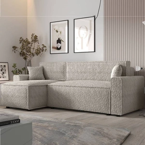 Narożnik z funkcją spania Brandon Bis kremowy lewostronny miękka tkanina o charakterystycznej pętelkowej powierzchni pojemnik na pościel