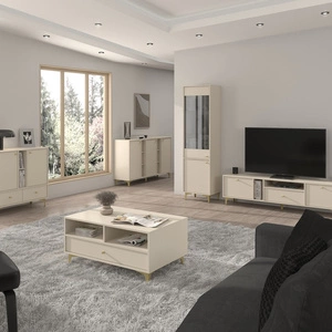 Zestaw mebli do salonu Kioto I beżowy stylowy design eleganckie meble w stonowanej kolorystyce wzbogacone złotymi dodatkami