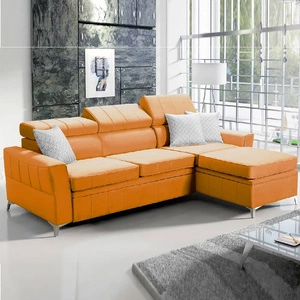 Narożnik z funkcją spania Rava żółty prawostronny velvet komfortowy i funkcjonalny narożnik z regulowanymi zagłówkami