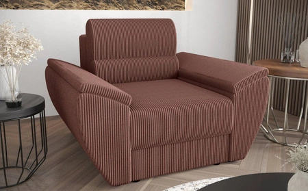 Fotel Fogu indyjski róż nowoczesny design wygodny fotel do salonu sztruksowa tkanina o wyrazistych prążkach szerokie podłokietniki