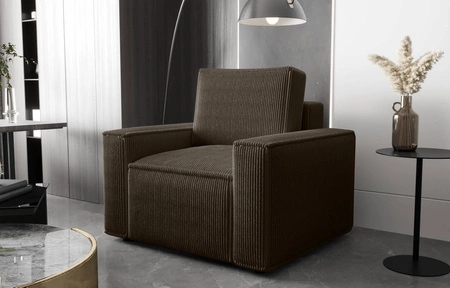 Fotel Nelo brązowy klasyczny design w nowoczesnym wydaniu wygodny fotel do salonu prążkowana sztruksowa tkanina