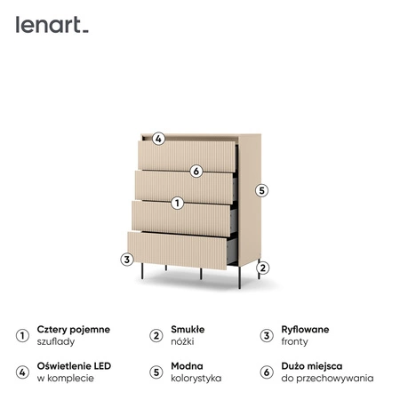 Komoda z szufladami Trend 93 cm beżowa wysoka komoda z gustownymi ryflowanymi frontami idealny mebel do sypialni lub przedpokoju