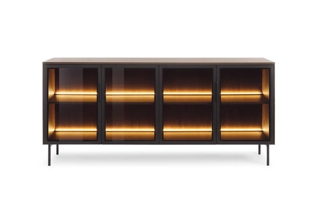 Komoda Lumi 181 cm dąb dunin nowoczesna komoda o prostym kształcie oryginalne fronty z hartowanego szkła antisol metalowe uchwyty