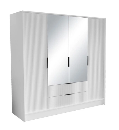 Szafa z lustrem Norel 200 cm biała stylowa szafa o nowoczesnym designie z ryflowanymi frontami i pojemnymi szufladami