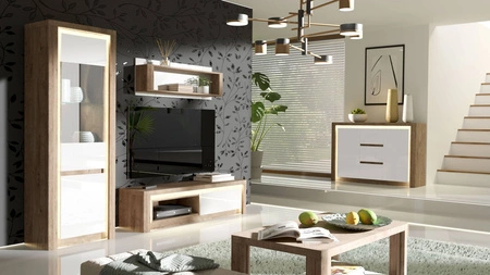 Zestaw mebli Livinio dąb ribbeck / biały połysk nietuzinkowa meblościanka do salonu o lekkim designie subtelne oświetlenie ledowe