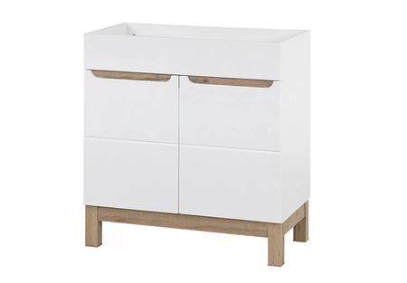 Zestaw mebli łazienkowych Bali biały połysk / dąb wotan nowoczesne szafki do łazienki stylowe frezowane uchwyty stabilna podstawa