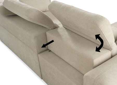Narożnik z funkcją spania Cetara IV kremowy lewostronny stylowy design narożnika z przesuwanymi oparciami dwa pojemniki na pościel