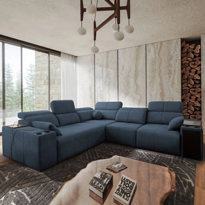 Narożnik z funkcją spania Tesalia III niebieski prawostronny komfortowy narożnik z przesuwanym oparciem dwa pojemniki na pościel