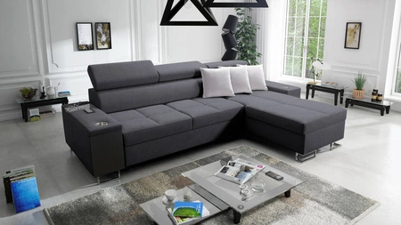 Narożnik z funkcją spania Dafni grafitowy prawostronny pleciony komfort i funkcjonalność podczas codziennego wypoczynku