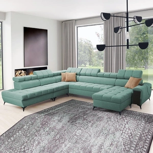 Narożnik z funkcją spania Bolmso X miętowy prawostronny wygodny narożnik do salonu z regulowanymi zagłówkami dekoracyjne pikowania