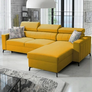 Narożnik z funkcją spania Savona żółty prawostronny wygodny i elegancki narożnik z regulowanymi zagłówkami dekoracyjne przeszycia