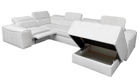Narożnik z funkcją spania Viano IV Lux kremowy prawostronny designerski narożnik z wysuwanym podnóżkiem duży pojemnik na pościel