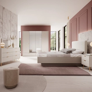 Zestaw mebli do sypialni Lante beżowy stylowe meble o nowoczesnym designie ryflowane fronty oryginalny zaoblony kształt brył