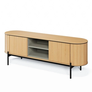 Szafka RTV Rotto 168 cm dąb vincenza stylowa szafka pod telewizor unikalny kształt z zaoblonymi krawędziami wysoka metalowa podstawa