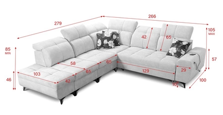 Narożnik z funkcją spania Buffalo IX szary popiel lewostronny stylowy narożnik do pokoju wykonany z welurowej tkaniny ozdobne poduszki