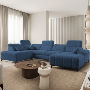 Narożnik z funkcją spania Penejos VI niebieski prawostronny stylowy narożnik rozkładany z dwoma pojemnikami na pościel trwała tkanina