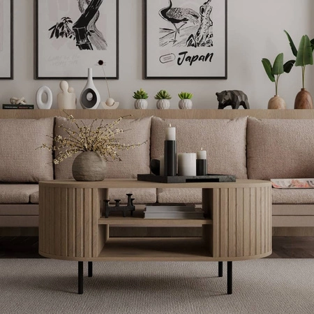 Stolik kawowy Ovalio dąb cremona designerska owalna konstrukcja dekoracyjne frezowania stolik osadzony na stabilnych metalowych nogach