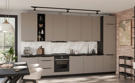 Zestaw mebli kuchennych Fiuggi Bl 390 cm stylowe szafki kuchenne z frontami wykonanymi w technologii anti fingerprint metalowe uchwyty