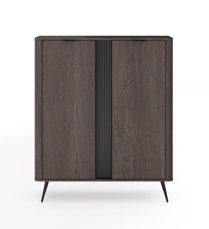 Komoda wysoka Veris 113 cm dąb dunin / czarny stylowe zaokrąglone krawędzie ozdobna ryflowana listwa podkreśla oryginalny design