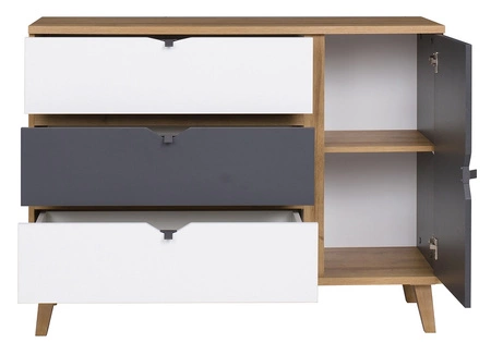 Komoda z szufladami Memone 120 cm dąb złoty / biały / grafitowy idealna komoda do pokoju młodzieżowego lub pokoju dziecka w stylu skandynawskim