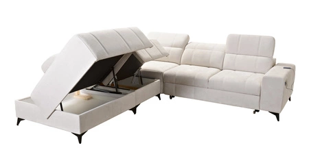 Narożnik z funkcją spania Penejos IX kremowy lewostronny stylowy narożnik z pojemnikami na pościel wygodne regulowane zagłówki