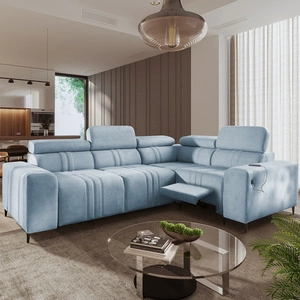 Narożnik z funkcją spania Castel II Lux błękitny prawostronny wygodny narożnik do salonu z komfortowym wysuwanym podnóżkiem