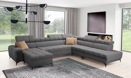 Narożnik z funkcją spania Bolmso X grafitowy lewostronny wygodny narożnik do salonu z regulowanymi zagłówkami dekoracyjne pikowania