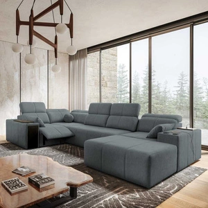 Narożnik z funkcją spania Tesalia IV Lux szary prawostronny stylowy narożnik z wysuwanym podnóżkiem oraz funkcją przesuwanego oparcia