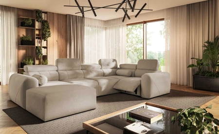 Narożnik z funkcją spania Cantare IV Lux beżowy lewostronny starannie wykonany narożnik do salonu z podnoszonym podnóżkiem