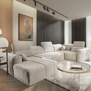 Narożnik z funkcją spania Cetara IV beżowy lewostronny stylowy design narożnika z przesuwanymi oparciami dwa pojemniki na pościel