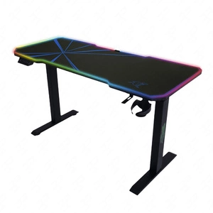 Biurko gamingowe E-Talisman czarny / niebieski biurko z regulacją wysokości blat w całości pokryty podkładką z oświetleniem LED