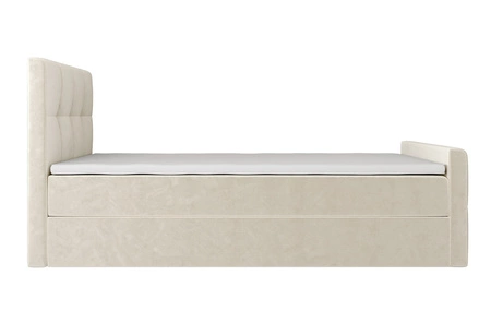 Łóżko kontynentalne Manhattan 100x200 beżowe w nowoczesnym skandynawskim stylu z tapicerowanym zagłówkiem i zanóżkiem łóżko z pojemnikiem