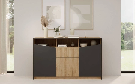 Zestaw mebli do sypialni Atson dąb odwieczny / czarny nowoczesny design komplet mebli do sypialni oryginalny kształt frontów mebli