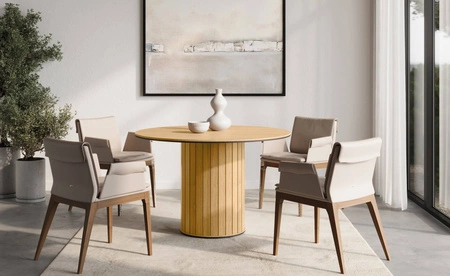 Stół okrągły Rotto 120 cm dąb vincenza nowoczesny design solidna podstawa przyozdobiona dekoracyjnymi lamelami stół do małej jadalni