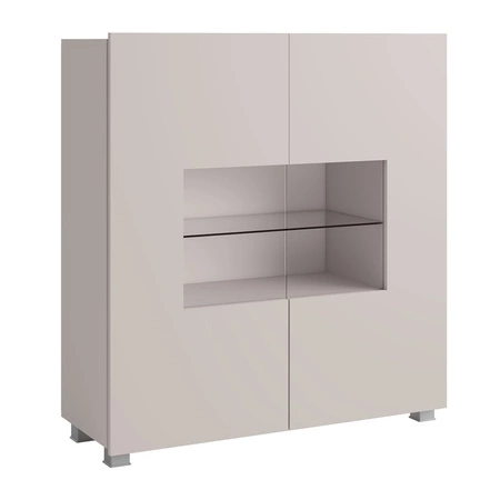 Komoda z przeszkleniem Apulia 100 cm beżowa minimalistyczny design stylowa komoda do salonu prosta bryła wpisująca się w każde wnętrze