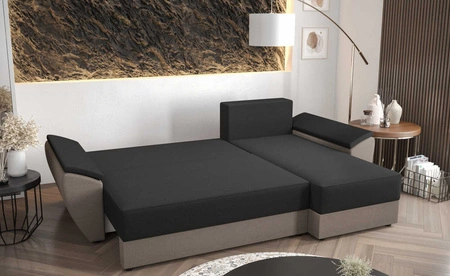 Narożnik z funkcją spania Fogu II miodowy prawostronny stylowy narożnik z komfortowymi podłokietnikami i pojemnikiem na pościel