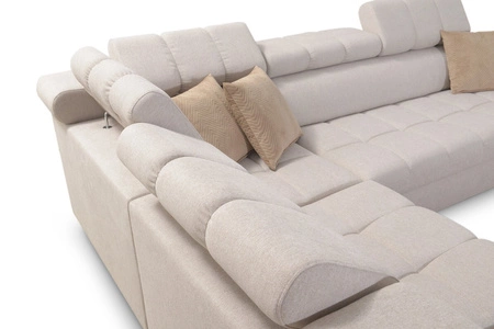 Narożnik z funkcją spania Bolmso XII brązowy lewostronny nowoczesny design narożnik zapewnia komfort obszerne pojemniki na pościel