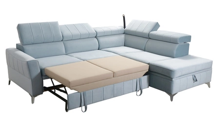 Narożnik z funkcją spania Rava III miodowy prawostronny velvet komfortowy narożnik z regulowanymi zagłówkami i pojemnikiem na pościel