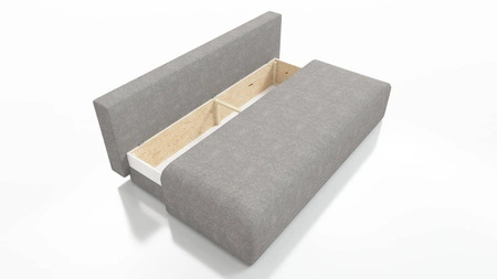 Kanapa rozkładana Zoe granatowa funkcjonalna sofa o prostym minimalistycznym designie pojemnik na pościel miękka tkanina typu plusz