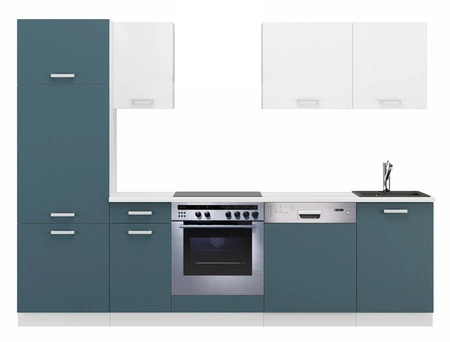 Zestaw mebli kuchennych z blatem Toni 270 cm biały / morski komplet kuchenny doskonale prezentuje się w nowoczesnych wnętrzach