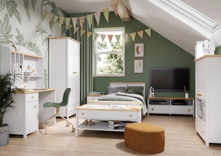 Biurko Story 110 cm biały / dąb nash modne biurko z szufladą do pokoju młodzieżowego praktyczny i ergonomiczny mebel z obszernym blatem