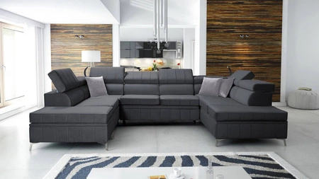 Narożnik z funkcją spania Rava VIII grafitowy prawostronny elegancki design gustowna bryła z gwarancją komfortu miękka tkanina
