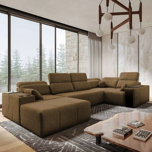 Narożnik z funkcją spania Tesalia IV brązowy lewostronny komfortowy narożnik do salonu z innowacyjną funkcją przesuwanego oparcia