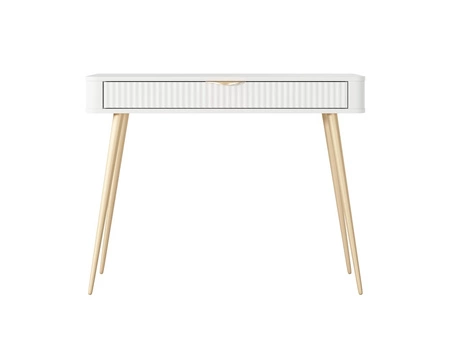 Konsola Lante biała z szufladą stylowa oraz funkcjonalna toaletka zaoblony kształt bryły ryflowany front uchwyty krawędziowe