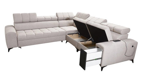 Narożnik z funkcją spania Bolmso III zielony prawostronny narożnik z pojemnikami na pościel szuflada z pełnym wysuwem w boczku mebla